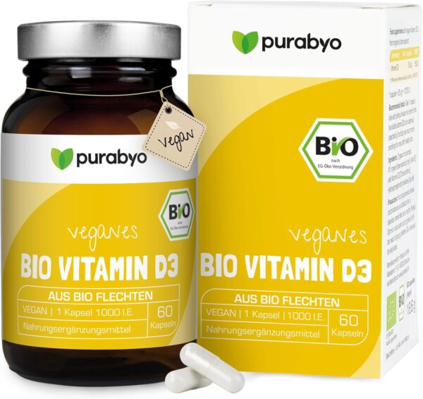 Bio Vitamin D3 Kapseln vegan | Bio Vitamin D3 vegan | aus Flechtenextrakt aus kontrolliert-biologischem Anbau | im Glas | 1 Kapsel = 25 µg = 1000 I.E. | 2-Monatsversorgung | laborgeprüft