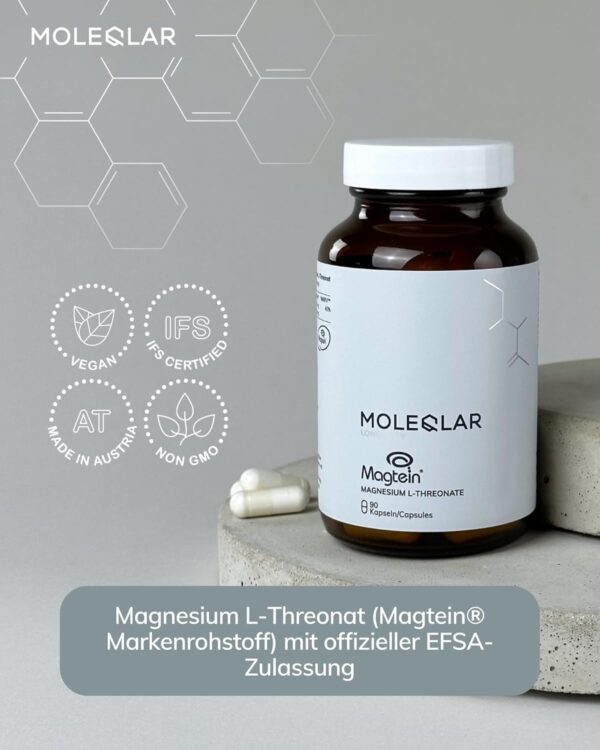 MoleQlar Magnesium L-Threonat Kapseln 90 Stück - Markenrohstoff Magtein mit offizieller EFSA-Zulassung - 150 mg elementares Magnesium pro Portion - Laborgeprüft in Deutschland – Bild 2
