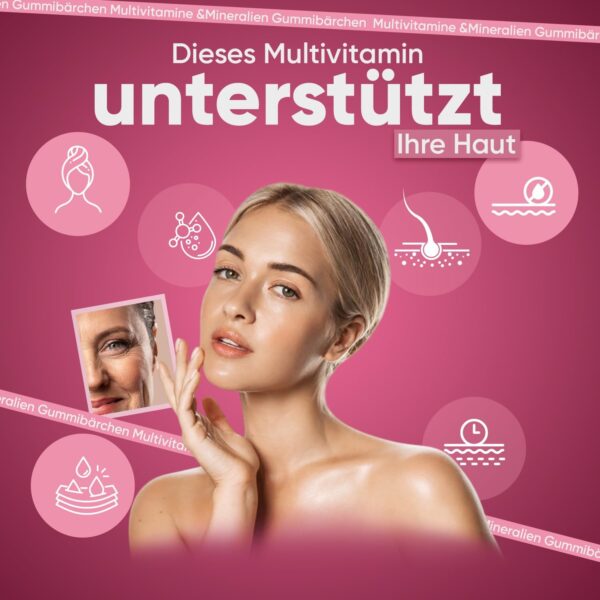 Multivitamin Gummies für Frauen - Mit Hyaluron, Nachtkerzenöl, Coenzym Q10, Folsäure, Zink, Vitamin C, B12, Biotin - Für Immunsystem, Haut & Stoffwechsel - 90 Gummibärchen - Erdbeer & Himbeergeschmack – Bild 3