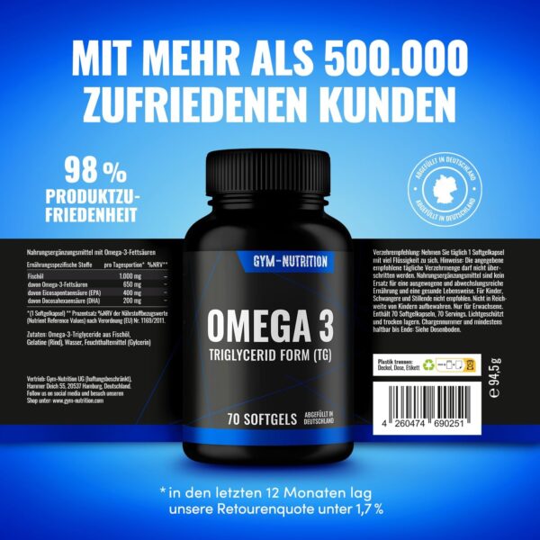 Omega 3 Kapseln - 3000mg hochdosiert | 70 reine Fischölkapseln aus Anchovy gewonnen mit EPA & DHA in Triglycerid-Form | Natürliches Fischöl ohne Gentechnik | Aus essentiellen Fish Oil Fettsäuren | – Bild 2