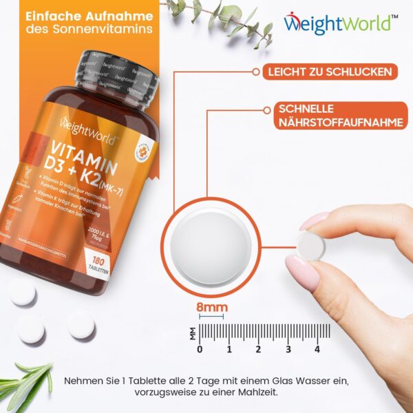 Vitamin D3 K2 2000 IU - 2 Jahresvorrat - 365 Tabletten mit 200μg Vit K2-100% All-Trans MK-7-1 Tablette/2 Tage - Kleine Tabletten - Vegane Quelle (Flechte) - WeightWorld – Bild 7