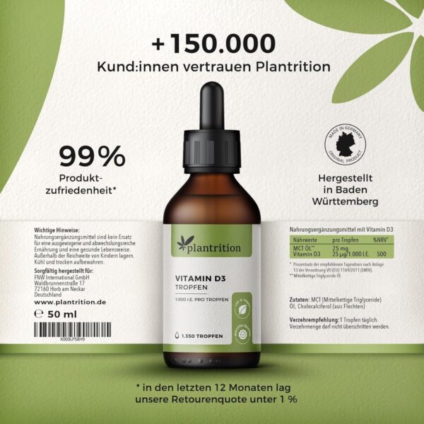plantrition Vitamin D3 Tropfen Vegan 1000 I.E. pro Tropfen 1.350 Tropfen Vitamin D Öl - Vitamin D3 aus Flechten (Cholecalciferol) MCT Öl Kokosbasis Made in Germany - 50ml – Bild 3