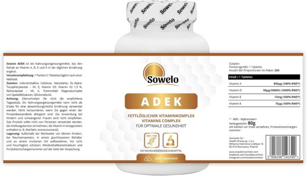 Sowelo Vitamin A D E K - 200 Tabletten I Entzündungshemmend und Anti-seborrhoische Eigenschaften I Unterstützt die Natürliche Immunität I Ohne unerwünschte Zusätze – Bild 2