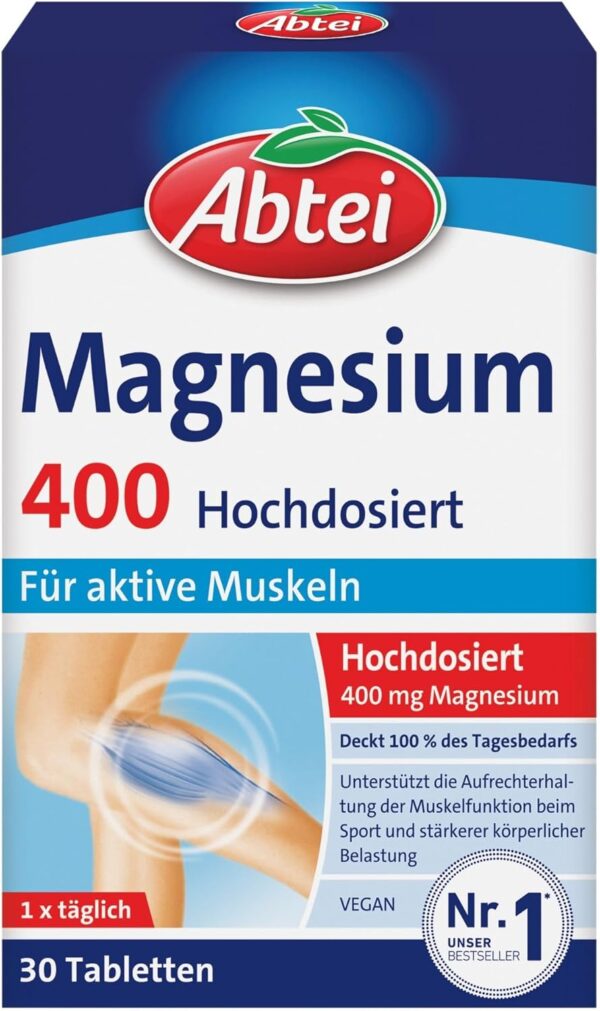 Abtei Magnesium 400 - hochdosiertes Magnesium - für aktive Muskeln - glutenfrei, laktosefrei und vegan - 30 Tabletten