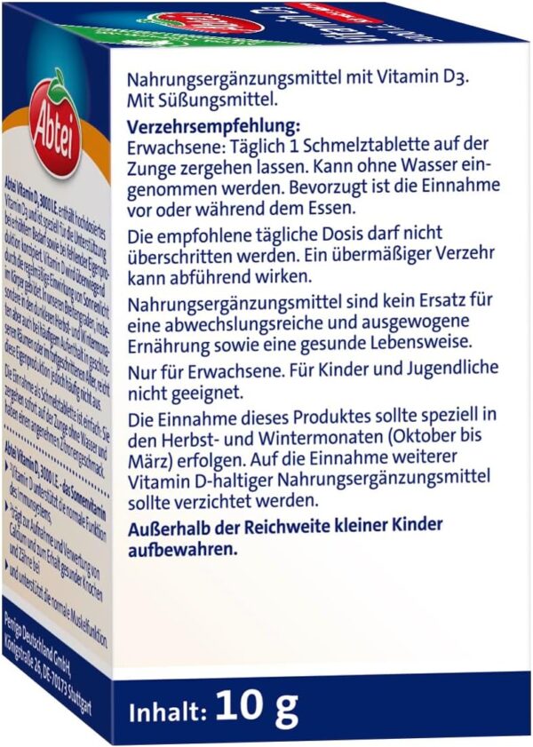 Abtei Vitamin D3 3000 I.E. - unterstützt Immunsystem und Knochen - glutenfrei, laktosefrei und vegetarisch - 75 Schmelztabletten mit Zitronengeschmack – Bild 3