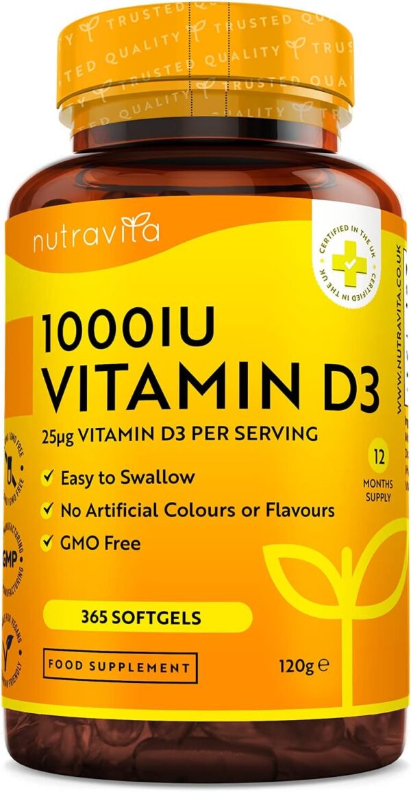 Vitamin D3 1000 I.E - 365 Kapseln - Unterstützt Knochen, Zähne, Muskeln und Immunsystem* - Vitamin D3 aus Deutschland - ohne künstlichen Zusatzstoffe - Hohe Reinheit - Hochdosiert - Premium Qualität