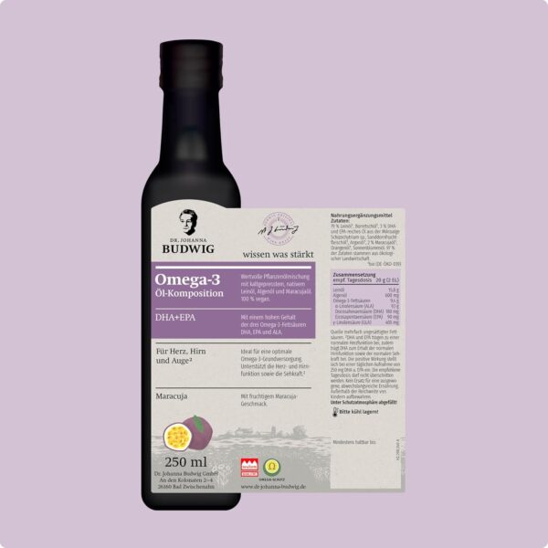 Dr. Johanna Budwig Omega 3 DHA+EPA Maracuja (250ml) - Leinöl & Omega 3 Algenöl - Omega 3 hochdosiert (EPA DHA) - Algenöl Omega 3 vegan flüssig, Omega 3 Öl, Omega 3 für Kinder – Bild 5