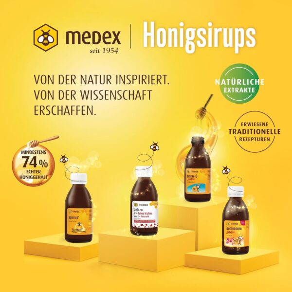 Medex Omega 3 Kinder Junior Sirup, 74% honigbasiert - 143 g Honig, ausgezeichneter Geschmack, 250 mg DHA, 50 mg EPA; zugesetzte Vitamine A, B12, C, D, E, Folsäure, ab 3 Jahren, 140 ml – Bild 5