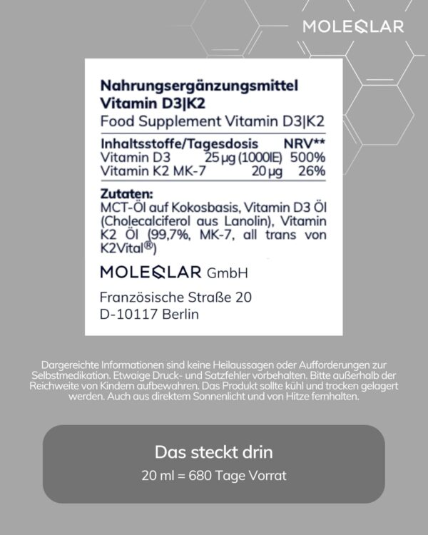 MoleQlar Vitamin D3 K2 Tropfen - 1000 I.E. Vitamin D3 + 20 μg all-trans Vitamin K2 M-K7 pro Tropfen - Hoch bioverfügbar dank MCT-Öl - vegetarisch & ohne Zusätze - Vitamin D3-K2 Öl – Bild 5