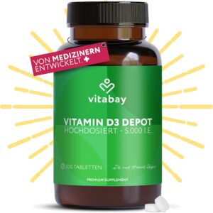 Vitabay Vitamin D3 Depot Hochdosiert 5000 IE - 300 Vegane & Laborgeprüfte Vitamin D Tabletten ohne Zusätze - Trägt zur Unterstützung des Immunsystems und zur Erhaltung normaler Knochen bei