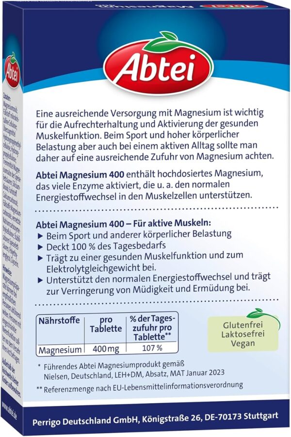 Abtei Magnesium 400 - hochdosiertes Magnesium - für aktive Muskeln - glutenfrei, laktosefrei und vegan - 30 Tabletten – Bild 5