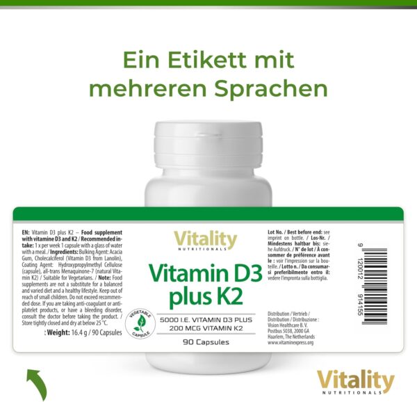 Vitamin Express Vitamin D3 K2 Hochdosiert, D 5000 IE + K2 200 mcg Premium All Trans MK7 I 90 Mini-Kapseln Hochdosiert I hohe Bioverfügbarkeit, frei von Zusatzstoffen I Vitality Nutritionals – Bild 6