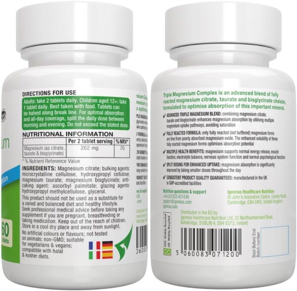 Triple Magnesium Komplex, Magnesium Glycinat, Taurat & Citrat, hohe Bioverfügbarkeit und Absorption, magenfreundlich, vegan und hypoallergen, 60 Tabletten, von Igennus – Bild 7