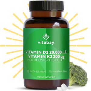 Vitabay Vitamin D3 K2 Hochdosiert 20000-180 VEGANE & LABORGEPRÜFTE Vitamin D Tabletten - D3 K2 Kapseln Hochdosiert - Vitamin D 20000 Hochdosiert D3K2 Vitamin D3 20000 hochdosiert Vitamin D K2 D3