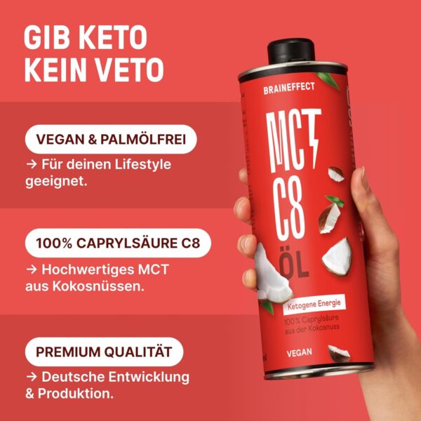 BRAINEFFECT MCT-Öl C8 (1000ml) - Bildet 300% mehr Ketone als andere MCT-Öle (100% C8) - Ketogene Ernährung - Reiner Extrakt aus Kokosnussöl - – Bild 3