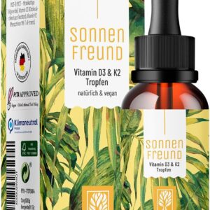 NATURTREU® Vitamin D3 K2 Tropfen hochdosiert & vegan - 100% pflanzlich (ohne tierisches Lanolin) - 1000 IE Vitamin D + Vitamin K2 - Sonnenfreund
