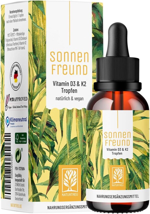 NATURTREU® Vitamin D3 K2 Tropfen hochdosiert & vegan - 100% pflanzlich (ohne tierisches Lanolin) - 1000 IE Vitamin D + Vitamin K2 - Sonnenfreund