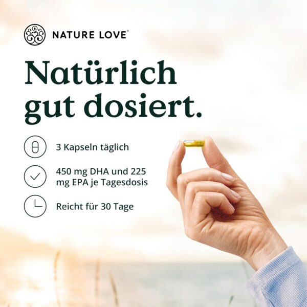 NATURE LOVE® Omega 3 vegan - hochdosiert mit 1.444 mg Algenöl pro Tagesdosis - 90 Kapseln - nachhaltig, laborgeprüft, produziert in Deutschland – Bild 4