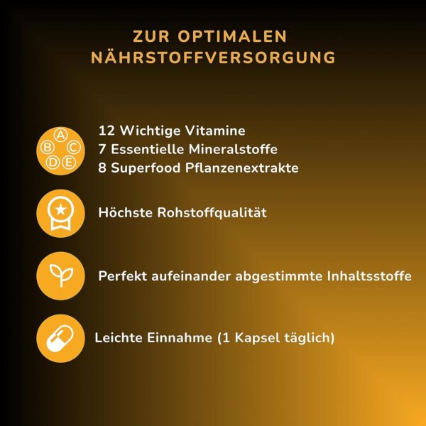 Premium Multivitamin und Mineral Komplex - 120 hochdosierte Kapseln - Essenzielle A-Z Vitamine, Mineralien und Superfood Pflanzenextrakte - In Deutschland hergestellt - Vegan – Bild 5