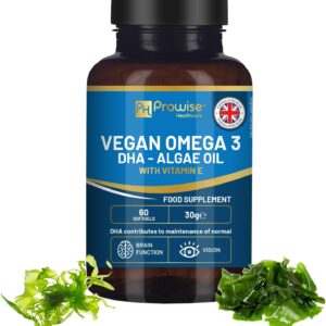 Prowise Vegan Omega-3 DHA aus Algenöl | 60 Softgelkapseln mit Vitamin E | 400mg DHA + 10mg Vitamin E | 100% pflanzlich | rein & nachhaltig angebaut