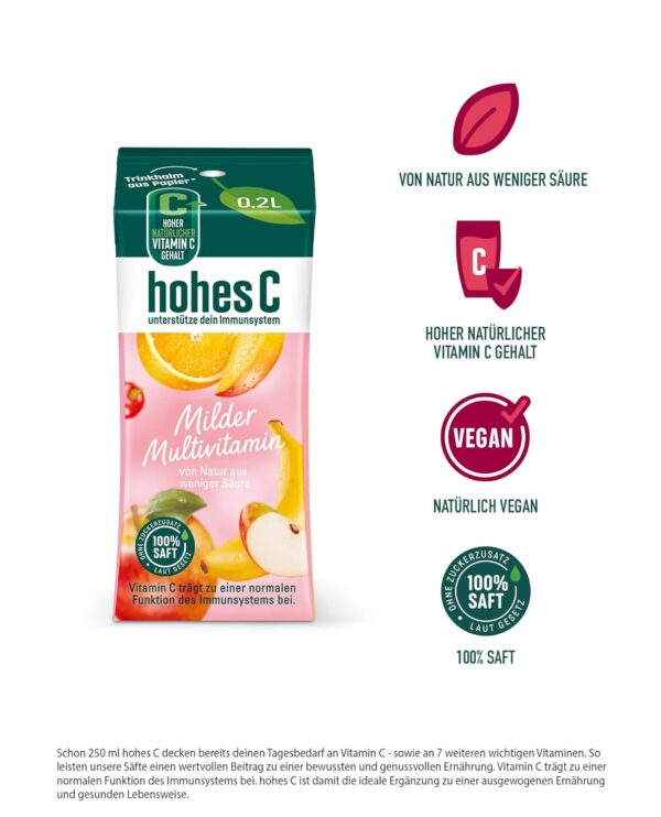 hohes C Milder Multivitamin (3 x 0,2l), 100% Saft, Apfel, Orange, Acerola, Mango, 7 Vitamine, ohne Zuckerzusatz laut Gesetz, weniger Säure, vegan – Bild 2