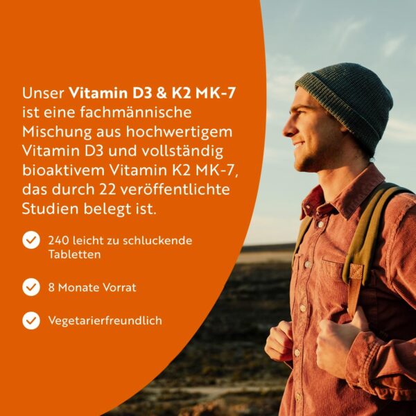 Vitamin D3 & K2 Tabletten - 240 Hochdosierte Tabletten - Premium Sonnenvitamine für Gesunde Knochen, Muskeln und Immunsystem - Vegetarisch - Hergestellt von Nutravita – Bild 2