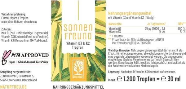 NATURTREU® Vitamin D3 K2 Tropfen hochdosiert & vegan - 100% pflanzlich (ohne tierisches Lanolin) - 1000 IE Vitamin D + Vitamin K2 - Sonnenfreund – Bild 5