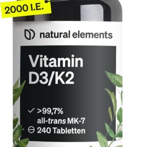 Vitamin D3 + K2 – > 99,7% all-trans MK-7 & 2000 IE Vitamin D3 – 240 Tabletten – hochdosiert, optimal bioverfügbar – ohne unnötige Zusätze – in Deutschland produziert