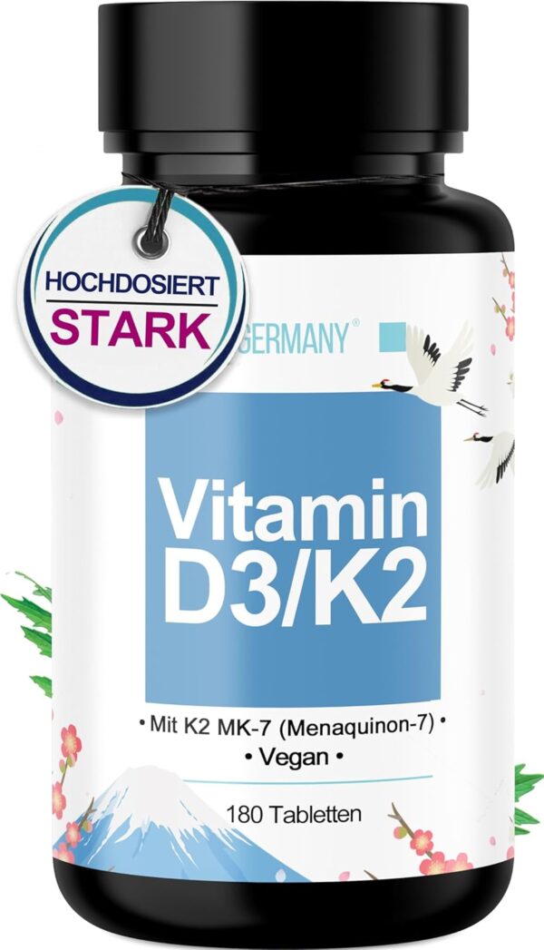 Vitamin D3 + K2 Tabletten - 180 Stück 5.000 i.E. [DEPOT] - Hochdosiert Vitamin D3 und 100 mcg Vitamin K2 pro EINER Tablette - Hochwertig: Manequinon MK7 - Laborgeprüft