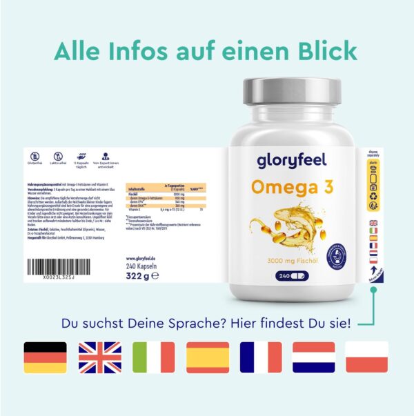 Omega 3 Kapseln Hochdosiert - 3000mg Fischöl (Triglycerid-Form) - 240 Kapseln mit Vitamin E (Antioxidans) zur idealen Ergänzung von EPA & DHA - Reines Omega3 Fischöl – Laborgeprüft – Bild 7