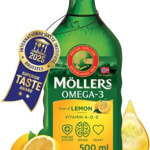 Möller's Omega 3 Lebertran Öl | Nordic Omega 3 Nahrungsergänzung mit EPA, DHA, Vitamin A, D, E | Superior Taste Award | Hochreiner natürlicher | 165 Jahre alte Marke | Zitrone | 500 ML