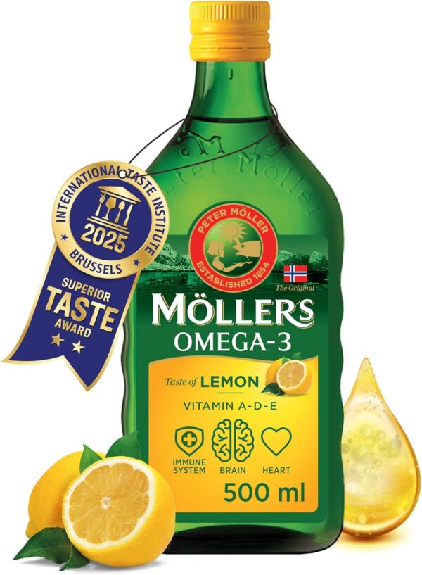Möller's Omega 3 Lebertran Öl | Nordic Omega 3 Nahrungsergänzung mit EPA, DHA, Vitamin A, D, E | Superior Taste Award | Hochreiner natürlicher | 165 Jahre alte Marke | Zitrone | 500 ML