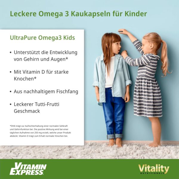 Omega 3 für Kinder mit DHA + EPA, Vitamin D & Vitamin E, Kautabletten mit Fruchtgeschmack (120 Stk), UltraPure Omega 3 Kids Fischöl Kapseln Vitality Nutritionals by VitaminExpress – Bild 5