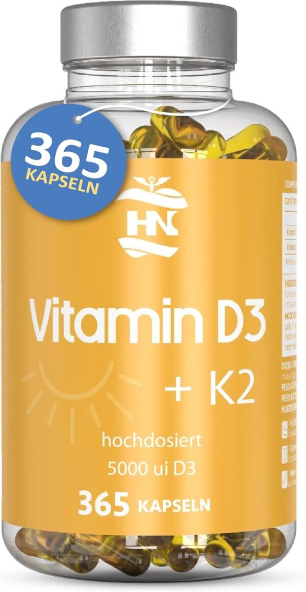 Vitamin D. (5000 IE) 365 Kapseln Vitamin D3 + K2 Hochdosiert Unterstützt Immun Und Knochenfunktion Hohe Konzentration Antioxidantien Antifettiga Weichkapseln Premium