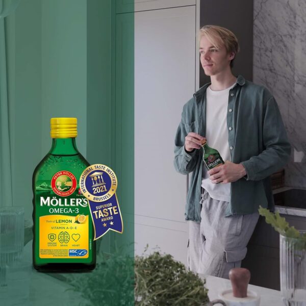 Möller's Omega 3 Lebertran Öl | Nordic Omega 3 Nahrungsergänzung mit EPA, DHA, Vitamin A, D, E | Superior Taste Award | Hochreiner natürlicher | 165 Jahre alte Marke | Zitrone | 500 ML – Bild 5