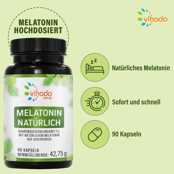 Vihado Natur Melatonin hochdosiert, Innovation: natürliches Melatonin aus Sauerkirsch, zusätzlich Ashwagandha, Passionsblume, Lavendel, 90 Kapseln – Bild 4