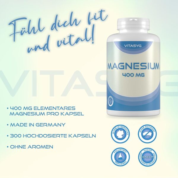 Magnesium 400-300 Kapseln (10 Monatsvorratdose) mit 400mg reinem Magnesium pro Kapsel - ohne Magnesiumstearat - Made in Germany – Bild 3