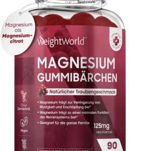Magnesium Gummibärchen 125mg - 90 Magnesiumcitrat Gummis für Erwachsene & Kinder - Für Müdigkeit, Nervensystem & Elektrolyte (EFSA) - Traubengeschmack - Alternativ zu Kapseln & Tabletten - WeightWorld