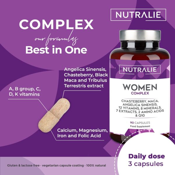 Multivitamin Women Complex - Für Frauen mit Vitamin C, D, B D3, Magnesium und mehr - Komplex aus 20 Vitaminen und Mineralstoffen -Hormonhaushalt - 90 Kapseln – Bild 4