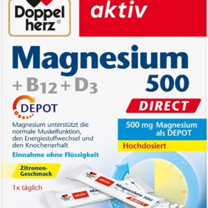 Doppelherz Magnesium 500 + B12 + D3 DIRECT mit DEPOT-Funktion - Magnesium als Beitrag für die normale Funktion der Muskeln und des Nervensystems - 20 Portionen Micro-Pellets