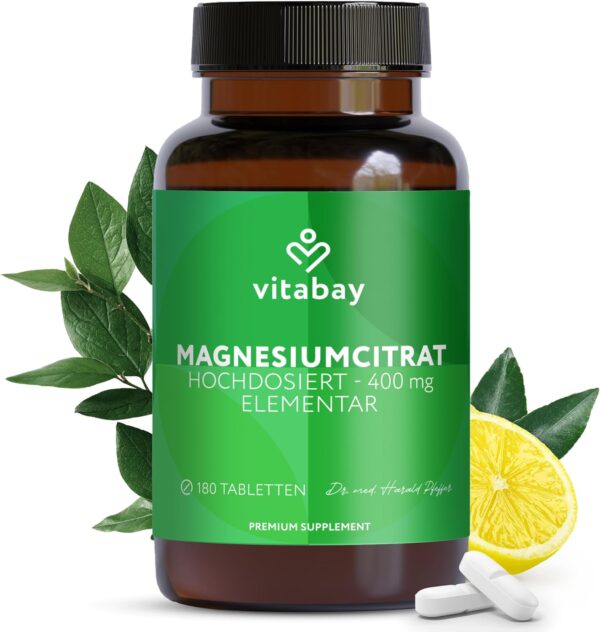 Vitabay Magnesium Citrate 2556mg Hochdosiert - 180 Tabletten Vegan & Laborgeprüft - Magnesiumcitrate - Trägt zu einem normalen Energiestoffwechsel und einer normalen Muskelfunktion bei