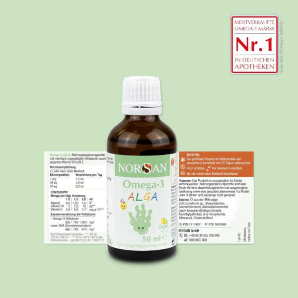 NORSAN Omega-3 ALGA Öl vegan 50ml / hochdosiertes Omega-3 vegan für Kinder 1.000 mg pro Portion/Omega-3 Algenöl reich an DHA/Tagesdosis 2 ml ab 35 kg Algenöl Omega-3 ALGA Öl vegan – Bild 4