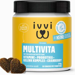 ivvi Multivitamin für Hunde als Leckerli – Rundumversorgung mit Probiotika, B Vitamine, Omega 3, Grünlippmuschel, Cranberry - 60 Snacks (270g) mit Huhn