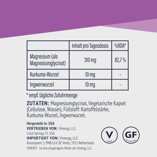 Vimergy Magnesium Glycinat Mineral Nahrungsergänzungsmittel – 30 Kapseln – Unbedenkliche Magnesium Hochdosiert Kapseln – Kurkuma & Ingwer – Glutenfrei, ohne Gentechnik – Für Keto-/Paleo Ernährung – Bild 5