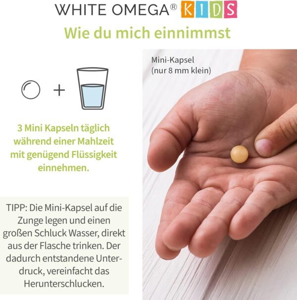 Vitamine für Kinder – für das Immunsystem – zuckerfrei – Omega-3, Vitamin C, D3+K2, Selen, Zink – 90 Mini-Kapseln (1 Monat) – Bild 7