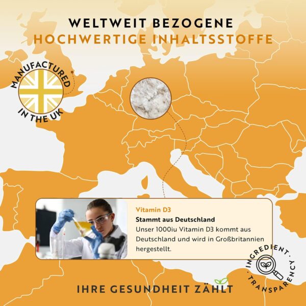 Vitamin D3 1000 I.E - 365 Kapseln - Unterstützt Knochen, Zähne, Muskeln und Immunsystem* - Vitamin D3 aus Deutschland - ohne künstlichen Zusatzstoffe - Hohe Reinheit - Hochdosiert - Premium Qualität – Bild 5