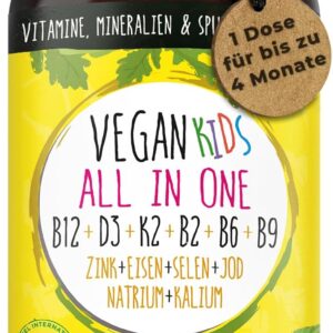 Vegan Kids All-in-One - Vitamin B12+D3+K2+B2+B6+B9 Folsäure + Zink + Eisen + Selen + Natrium + Kalium + Jod - Komplex für Kinder mit 120 Kapseln (max. 4 Monats-Vorrat)…