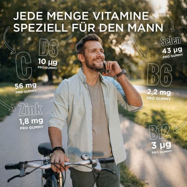 Männer Multivitamin Gummies hochdosiert - A-Z Vitamine - Immunsystem stärken Erwachsene mit Vitamine D3 B6 B12 Zink Selen Folsäure - vegetarische Gummibärchen - 60 Stk – Bild 3
