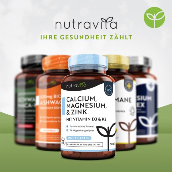Calcium Magnesium Zink - 400 Hochdosiert vegetarische Tabletten (6 Monate) - Magnesiumoxid mit Vitamin D3, K2, Selen, Mangan - Komplex mit 600mg Kalzium pro Tagesdosis - Knochen + Muskeln - Nutravita – Bild 7