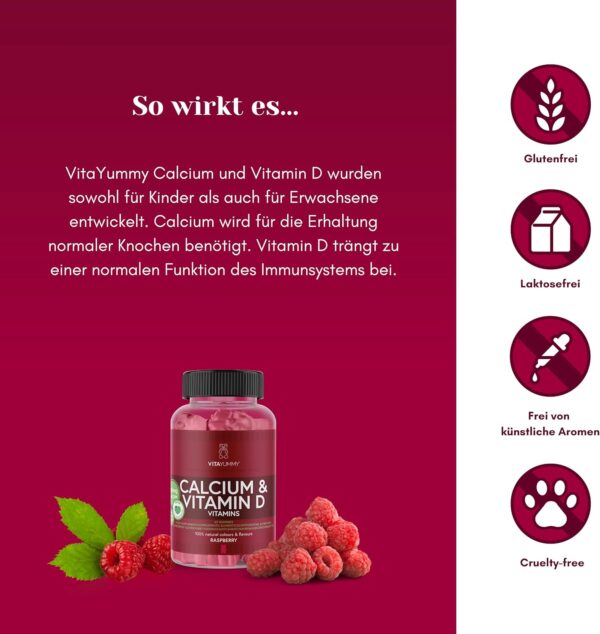 VITAYUMMY Calcium & Vitamin D3 Vegane Vitamin Gummibärchen - Vitamine Kinder & Erwachsene - Immunsystem Stärken - Fördert die Zahn- und Knochengesundheit - 60 Vitamin Gummies 1 Monat – Bild 3